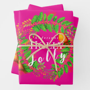 Wreath Holly Jolly Family Hot Pink Wrapping Paper Sheet