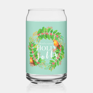 Wreath Holly Jolly  Family Light Teal Can Glass