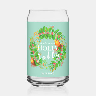 Wreath Holly Jolly Family Light Teal Can Glass