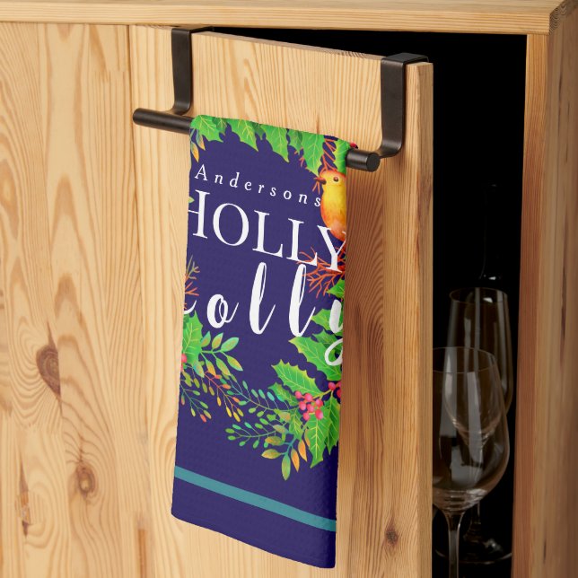 Wreath Holly Jolly Navy Tea Towel (Thirds Fold)