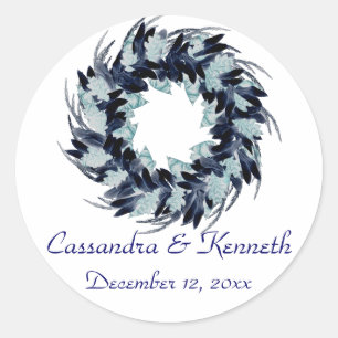 "Wreath In Shades of Blue" w/ Wedding Date [a] Classic Round Sticker