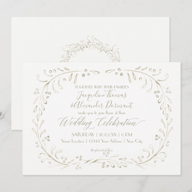 Wreath Leaf Calligraphy Modern Simple Watercolor Invitation (Front/Back)