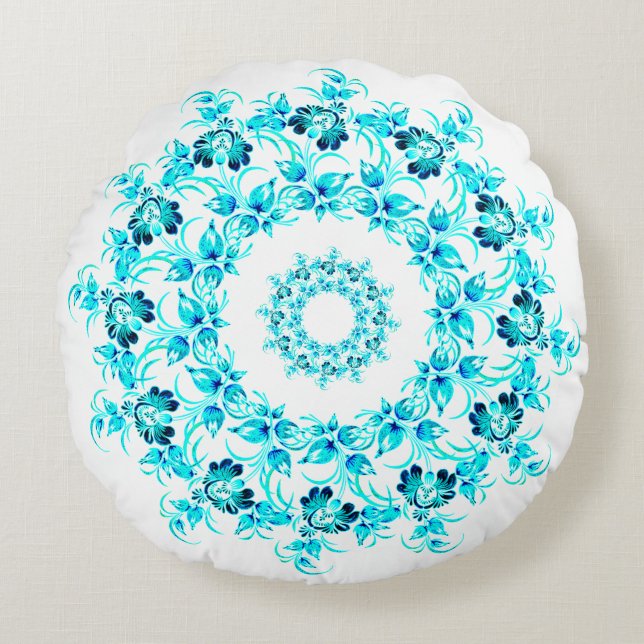 wreath made of turquoise flowers round cushion (Front)