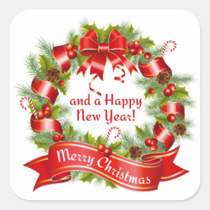 Wreath: Merry Christmas and a Happy New Year!, Square Sticker