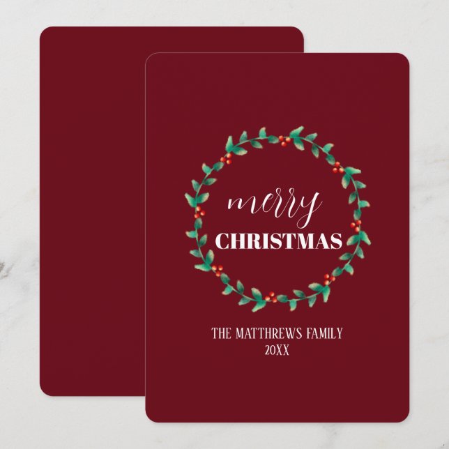 Wreath Merry Christmas Family Name Personalised  Holiday Card (Front/Back)