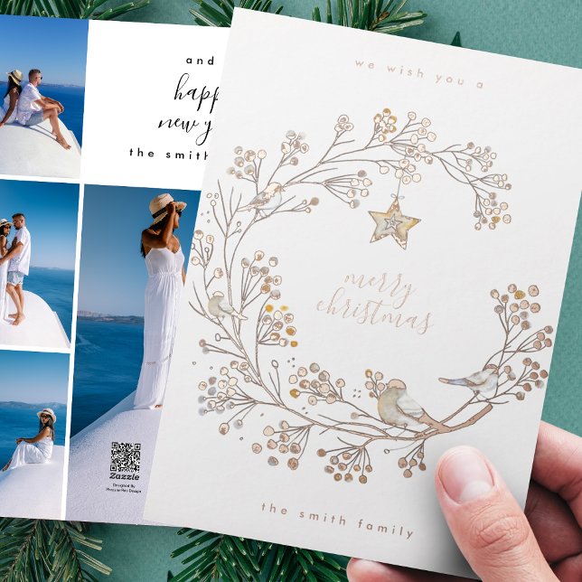 Wreath Merry Christmas Happy New Year Collage Rose Foil Holiday Card (Creator Uploaded)