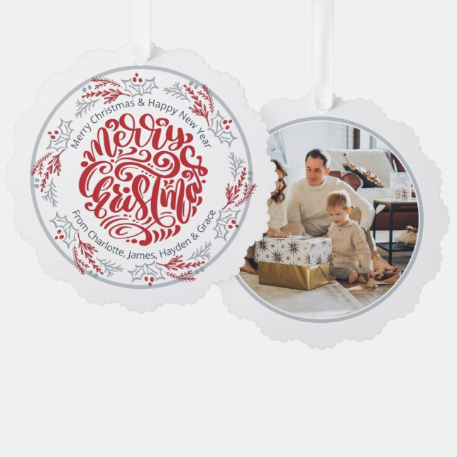 Wreath Merry Christmas Personalised Photo Tree Decoration Card (Front/Back)