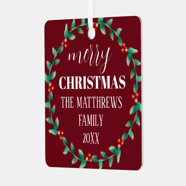 Wreath Merry Christmas Photo Name Personalised  Metal Tree Decoration (Front Left)