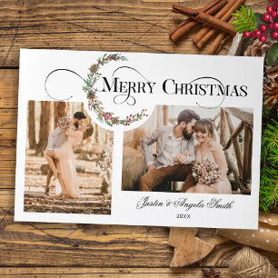 Wreath & Merry Christmas Typography Multi-Photo Tri-Fold Holiday Card