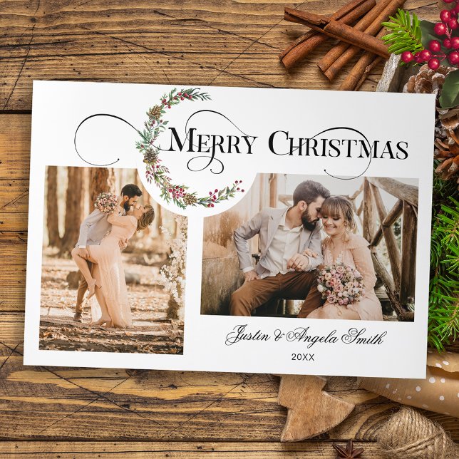 Wreath & Merry Christmas Typography Multi-Photo Tri-Fold Holiday Card (Creator Uploaded)