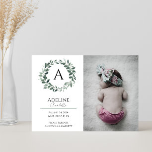 Wreath Monogram Baby Girl Birth Announcement Card