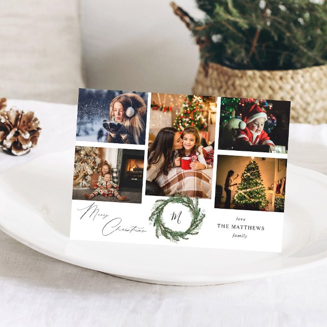 Wreath Monogram Rustic 5 Photo Merry Christmas (Creator Uploaded)