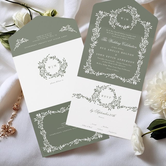 Wreath Monogram Sage Green Classic Frame Wedding All In One Invitation (Creator Uploaded)