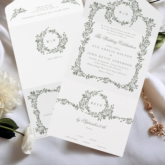 Wreath Monogram Sage Green Elegant Frame Wedding All In One Invitation (Creator Uploaded)