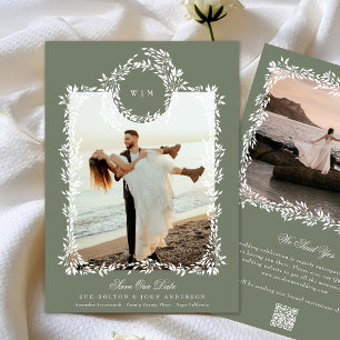 Wreath Monogram Sage Green Elegant Framed Photo Save The Date