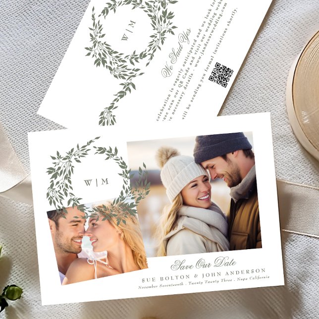 Wreath Monogram Sage Green Two Photo Wedding Save The Date (Creator Uploaded)