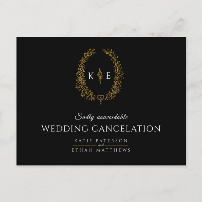 Wreath monogram wedding cancellation black gold announcement postcard (Front)