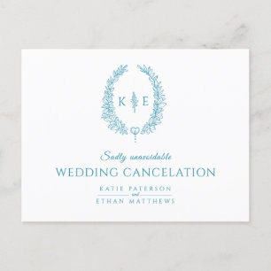 Wreath monogram wedding cancellation white teal announcement postcard