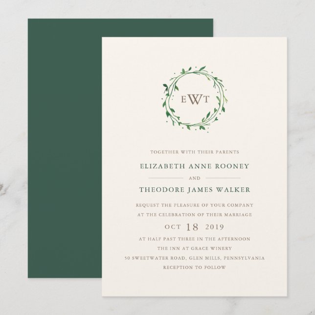 Wreath Monogram Wedding Invitation | Forest (Front/Back)