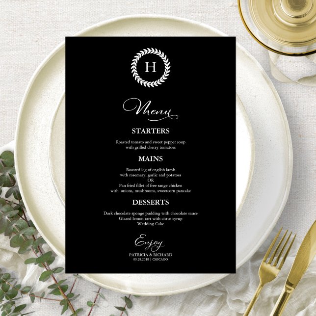 Wreath Monogram Wedding Menu Cards Black (Creator Uploaded)