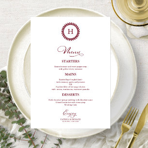 Wreath Monogram Wedding Menu Cards Burgundy
