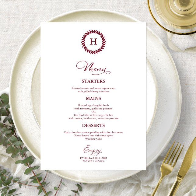 Wreath Monogram Wedding Menu Cards Burgundy (Creator Uploaded)