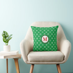 Wreath Monogram White Snowflakes Green Background Cushion