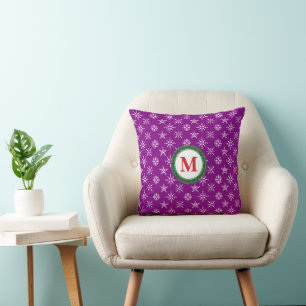 Wreath Monogram White Snowflakes Purple Background Cushion