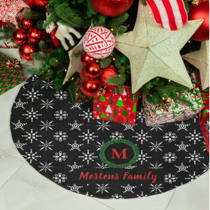 Wreath Monogram Your Name Black & White Snowflakes Brushed Polyester Tree Skirt