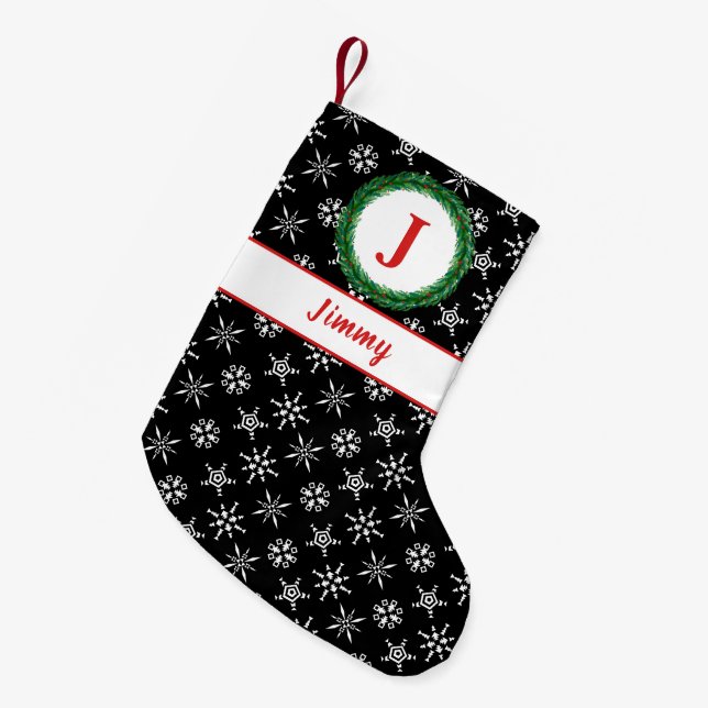 Wreath Monogram Your Name Black & White Snowflakes Small Christmas Stocking (Front (Hanging))