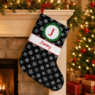 Wreath Monogram Your Name Black & White Snowflakes Small Christmas Stocking