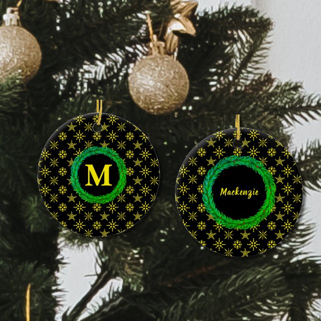 Wreath Monogram Your Name Black Yellow Snowflakes Ceramic Tree Decoration (Wreath Monogram Your Name Black Yellow Snowflakes Ceramic Ornament)