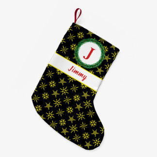 Wreath Monogram Your Name Black Yellow Snowflakes Small Christmas Stocking