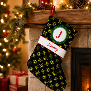 Wreath Monogram Your Name Black Yellow Snowflakes Small Christmas Stocking