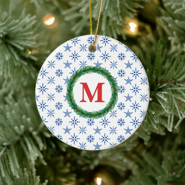Wreath Monogram Your Name Blue Snowflakes White Ceramic Tree Decoration (Tree)