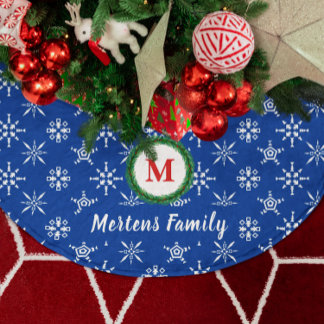 Wreath Monogram Your Name Blue & White Snowflakes Brushed Polyester Tree Skirt