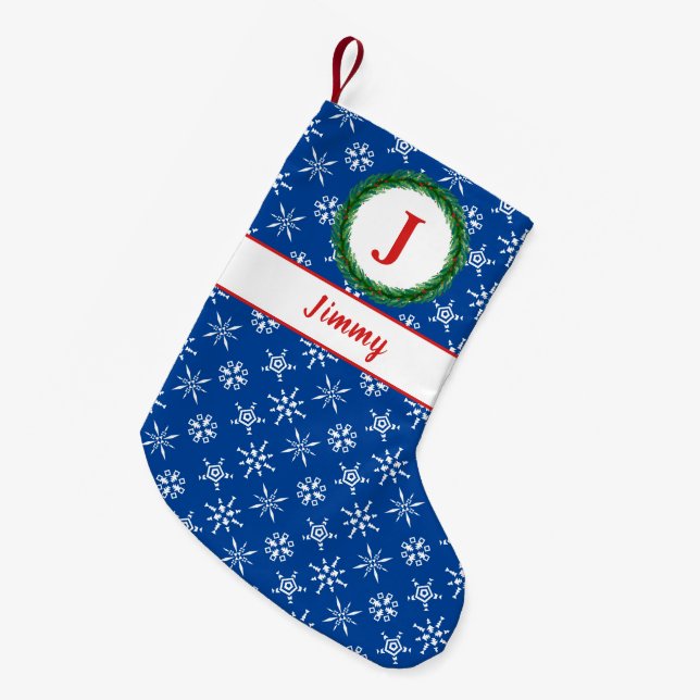 Wreath Monogram Your Name Blue & White Snowflakes Small Christmas Stocking (Front (Hanging))