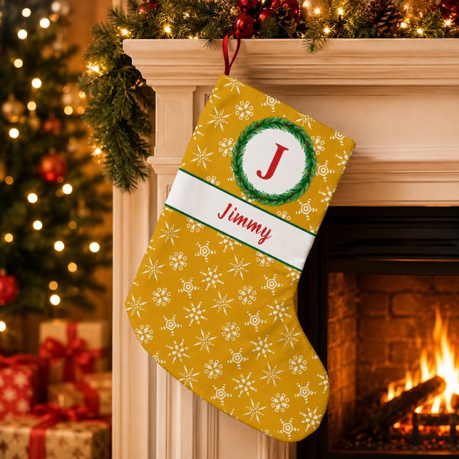 Wreath Monogram Your Name Gold & White Snowflakes Small Christmas Stocking (Wreath Monogram Your Name Gold & White Snowflakes Small Christmas Stocking)