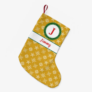 Wreath Monogram Your Name Gold & White Snowflakes Small Christmas Stocking