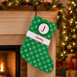 Wreath Monogram Your Name Green & White Snowflakes Small Christmas Stocking