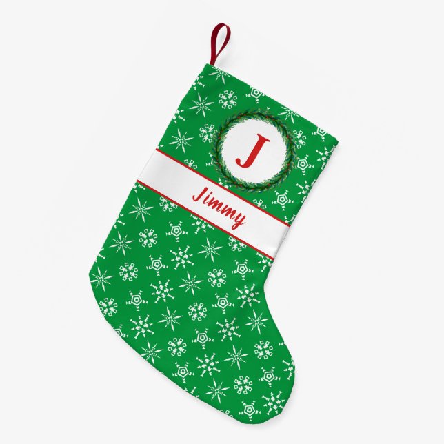 Wreath Monogram Your Name Green & White Snowflakes Small Christmas Stocking (Front (Hanging))
