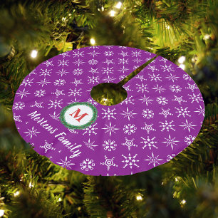 Wreath Monogram Your Name Purple White Snowflakes Brushed Polyester Tree Skirt