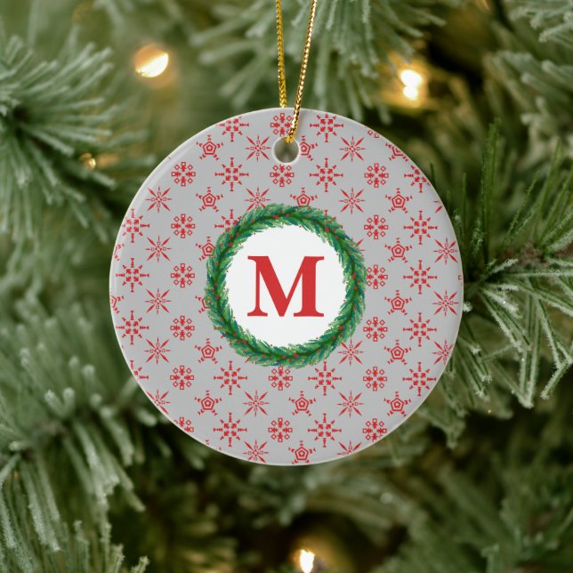 Wreath Monogram Your Name Red Snowflakes Silver Ceramic Tree Decoration (Tree)