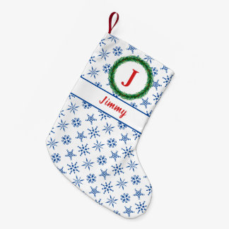 Wreath Monogram Your Name White & Blue Snowflakes Small Christmas Stocking