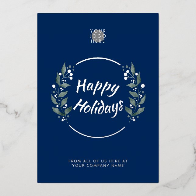 Wreath Navy Blue Business Holiday Silver Foil Card (Front)