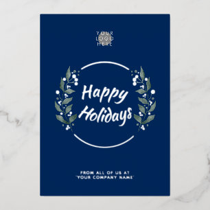 Wreath Navy Blue Business Holiday Silver Foil Card