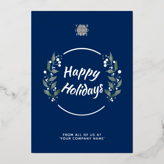 Wreath Navy Blue Business Holiday Silver Foil Card (Front)