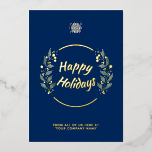Wreath Navy Blue Business Holidays Gold Foil Card