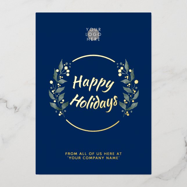 Wreath Navy Blue Business Holidays Gold Foil Card (Front)