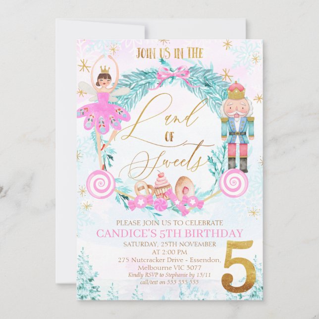 Wreath Nutcracker Land of Sweets 5th Birthday Invitation (Front)